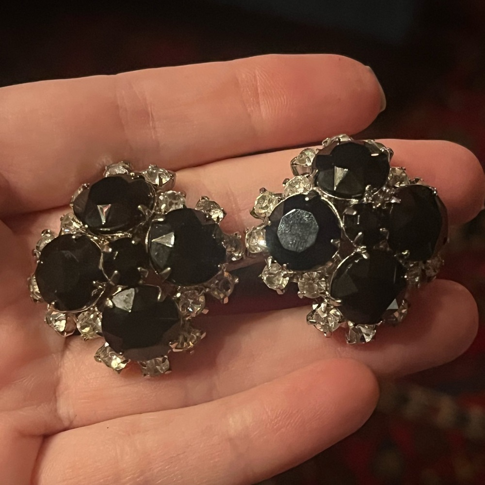 Vintage Large Silver Tone Black Rhinestone Cluster Clip Earrings